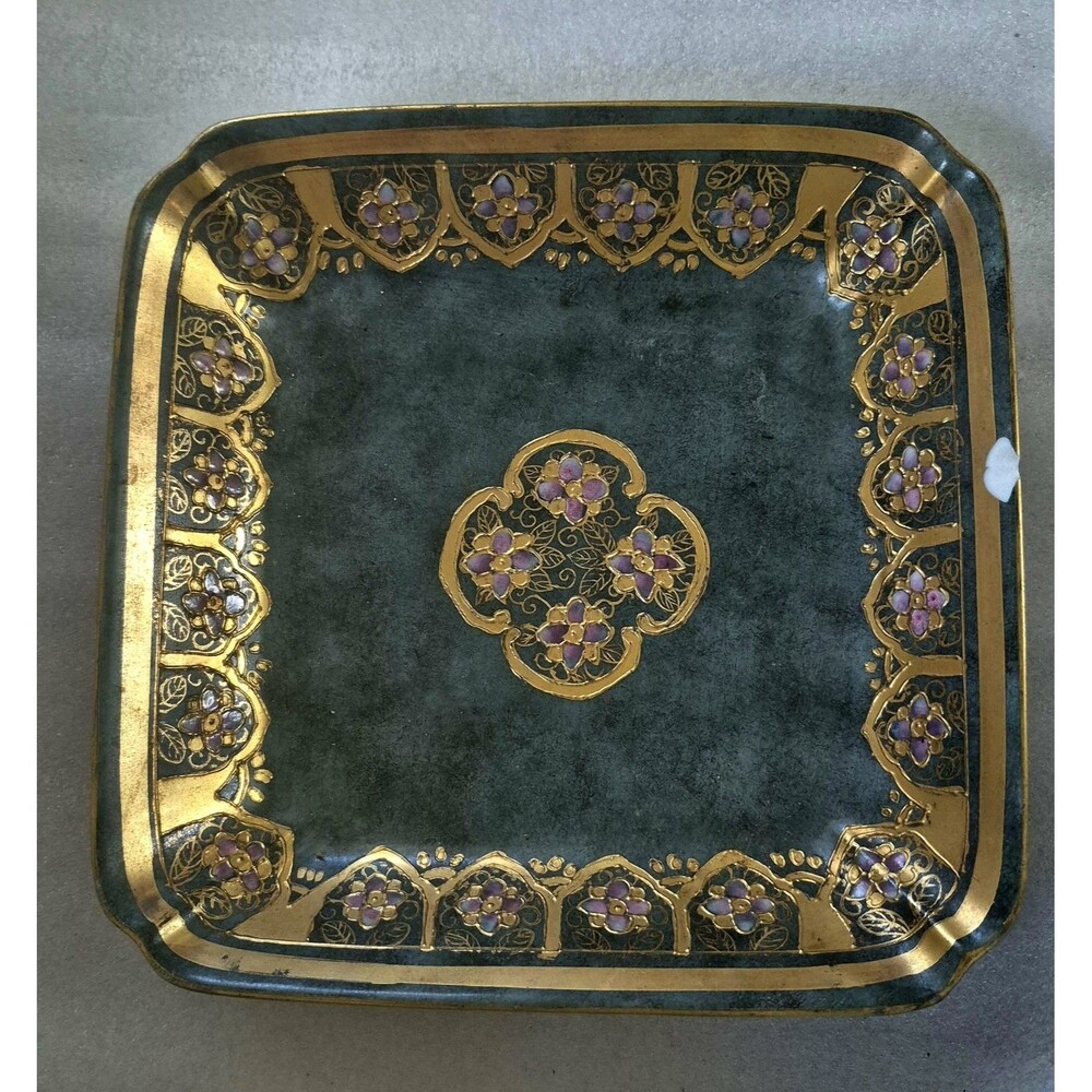 Vintage Toyo Marbella Square Decorative Dish Hand Painted Green Gold Chipped